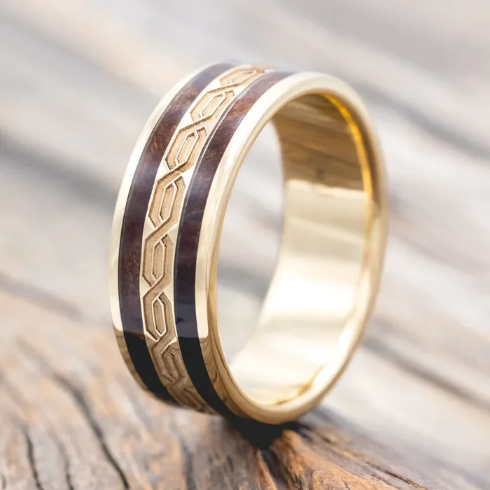 “RYDER” – CELTIC ENGRAVED WEDDING RING WITH REDWOOD INLAYS