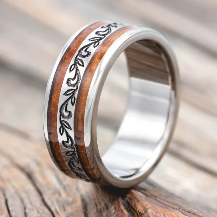 “RYDER” – PAISLEY ENGRAVED WEDDING RING WITH REDWOOD INLAYS