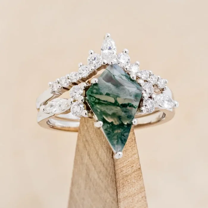 “SAGE” – KITE CUT MOSS AGATE ENGAGEMENT RING WITH DIAMOND ACCENTS & TRACER