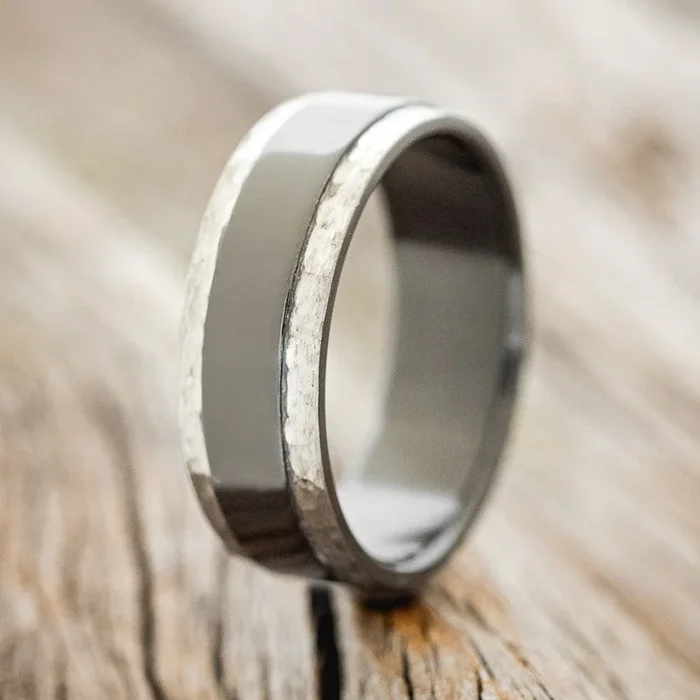 “SEDONA” – RAISED CENTER WEDDING RING WITH HEAT TREATED & HAMMERED EDGES