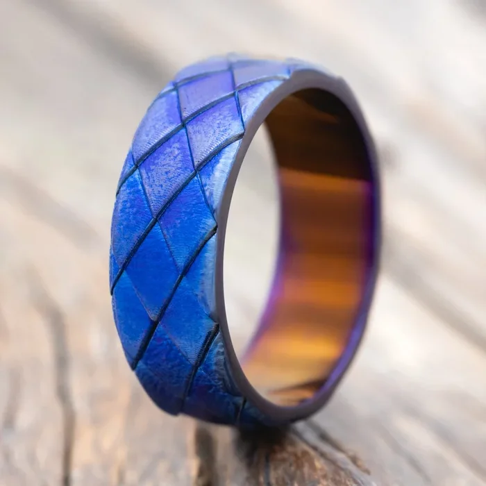 “SIGIL” – FIRE TREATED TITANIUM CUSTOM EMBOSSED DRAGON SCALE WEDDING BAND