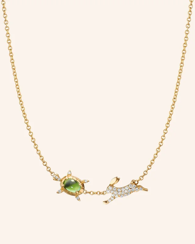 “Slow and Steady” Tortoise and the Hare Necklace with Green Tourmaline and Diamonds