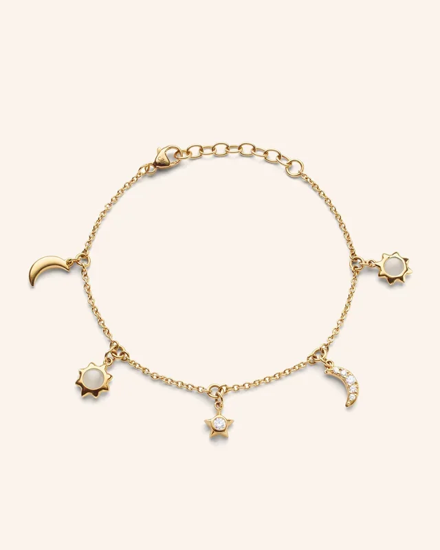 “Sun, Moon and Stars” Dangling Diamond and Moonstone 18K Gold Chain Bracelet