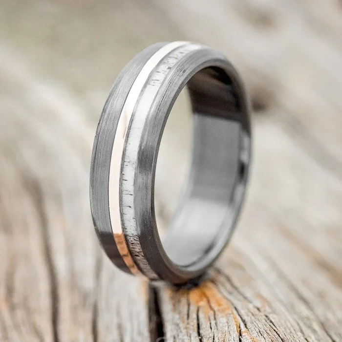 “TANNER” – ANTLER & 14K GOLD INLAY WEDDING RING FEATURING A BRUSHED FINISH
