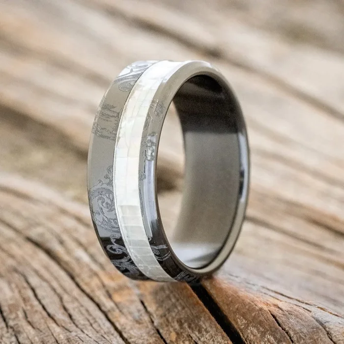 “TANNER” – FLORAL ENGRAVED MOTHER OF PEARL WEDDING RING