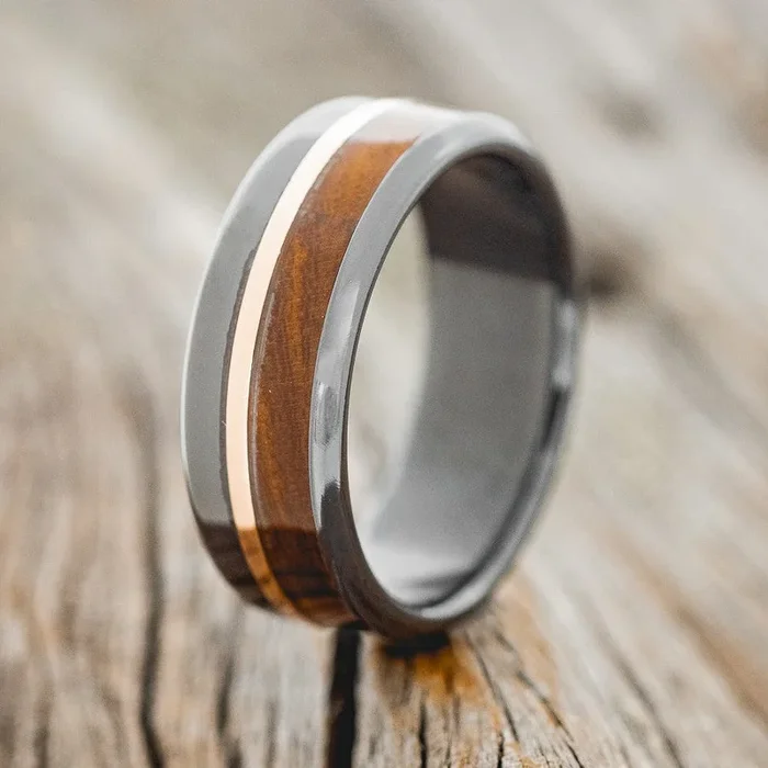 “TANNER” – IRONWOOD & 14K GOLD INLAY WEDDING RING