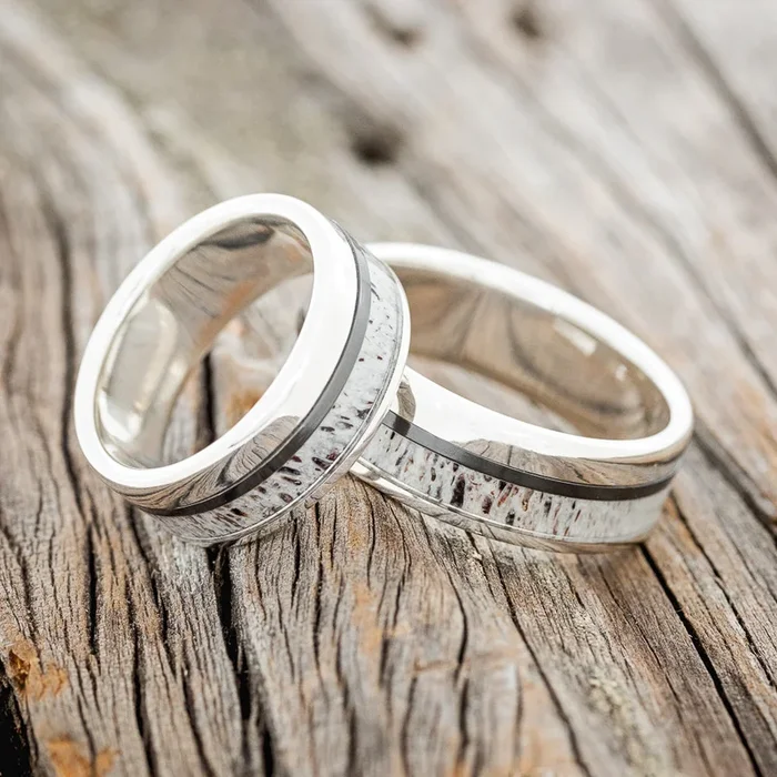 “TANNER” – MATCHING SET OF ANTLER & BLACK ZIRCONIUM INLAY WEDDING RINGS