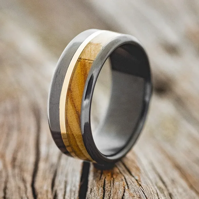 “TANNER” – OLIVE WOOD & 14K GOLD WEDDING RING