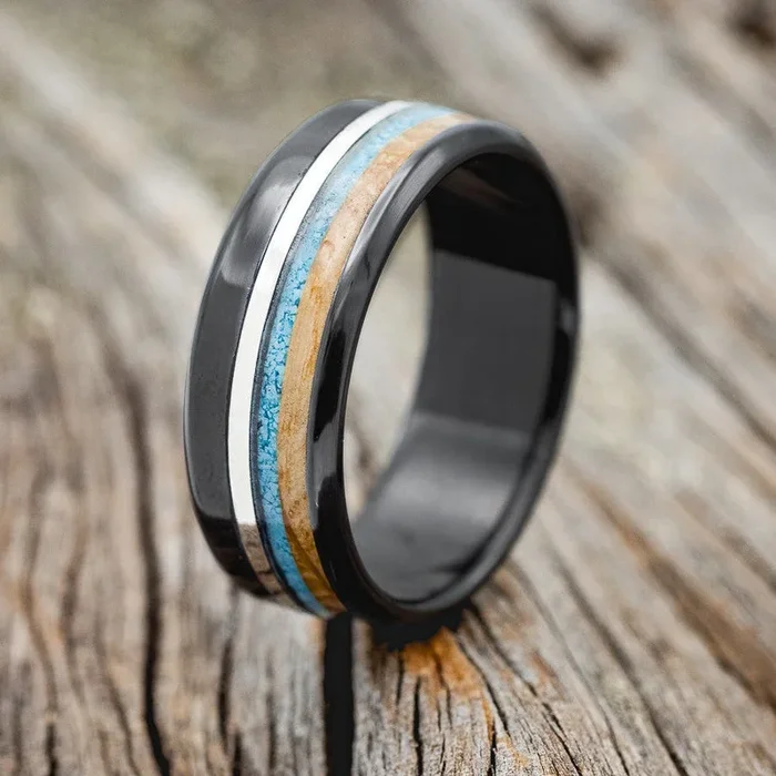 “TANNER” – WHISKEY BARREL, TURQUOISE & SILVER INLAY WEDDING RING