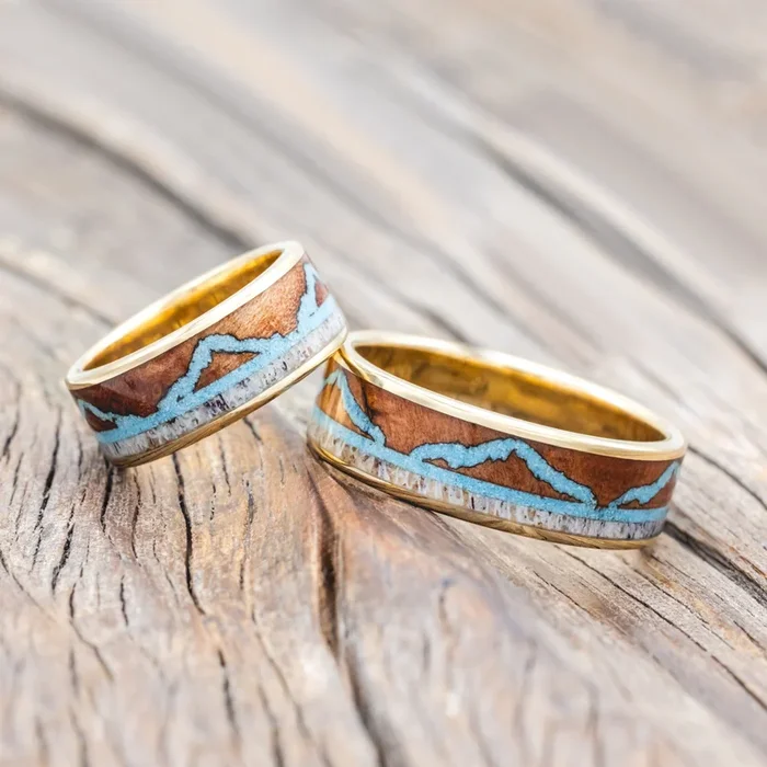 “THE EXPEDITION” – MATCHING SET OF MOUNTAIN ENGRAVED WEDDING RINGS WITH REDWOOD, TURQUOISE & ANTLER