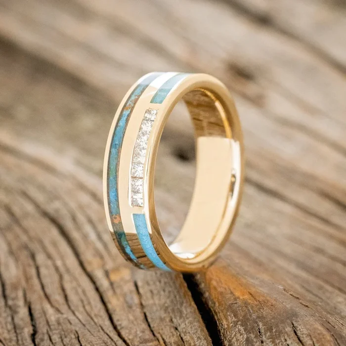 “TRIDENT” – DIAMOND, PATINA COPPER & TURQUOISE INLAYS WEDDING BAND