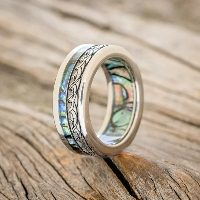 “TRITON” – WAVE ENGRAVED WEDDING BAND WITH PAUA SHELL INLAY & LINING