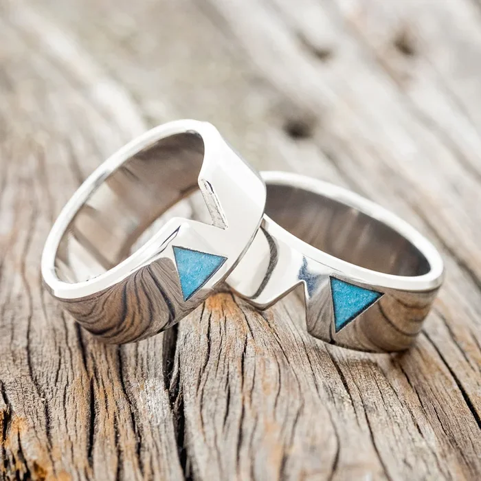 “VALENTINO” – MATCHING WEDDING BANDS WITH TURQUOISE FILLED TRIANGLES