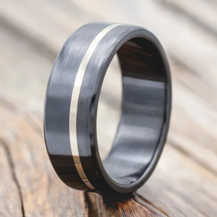 “VERTIGO” – 14K WHITE GOLD INLAY WEDDING RING FEATURING A BRUSHED FINISH – BLACK ZIRCONIUM – SIZE 10 1/2
