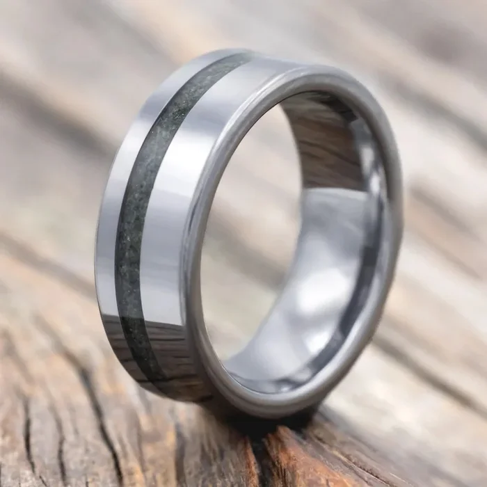 “VERTIGO” – CRUSHED MOSS AGATE WEDDING BAND – TUNGSTEN – SIZE 9 1/2