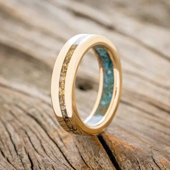 “VERTIGO” – GOLD NUGGETS INLAY WEDDING RING FEATURING A PATINA COPPER LINING