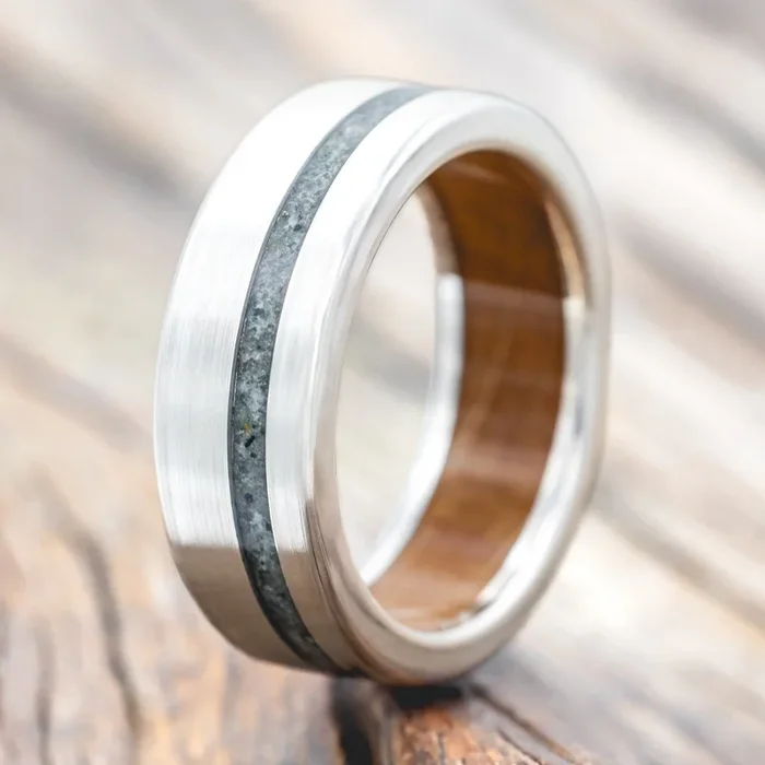 “VERTIGO” – MOSS AGATE WEDDING RING FEATURING A WHISKEY BARREL LINED BAND & BRUSHED FINISH