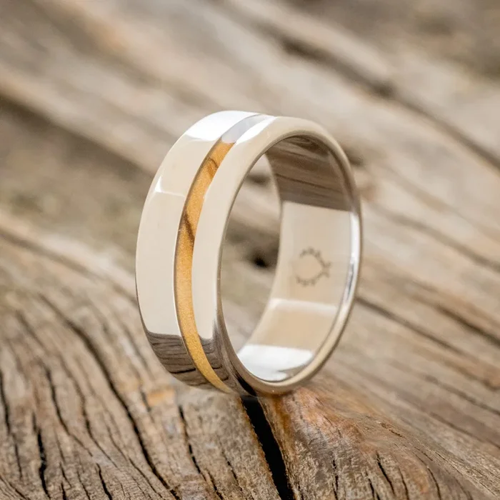“VERTIGO” – OFFSET CUSTOM WOOD SINGLE INLAY WEDDING BAND – READY TO SHIP
