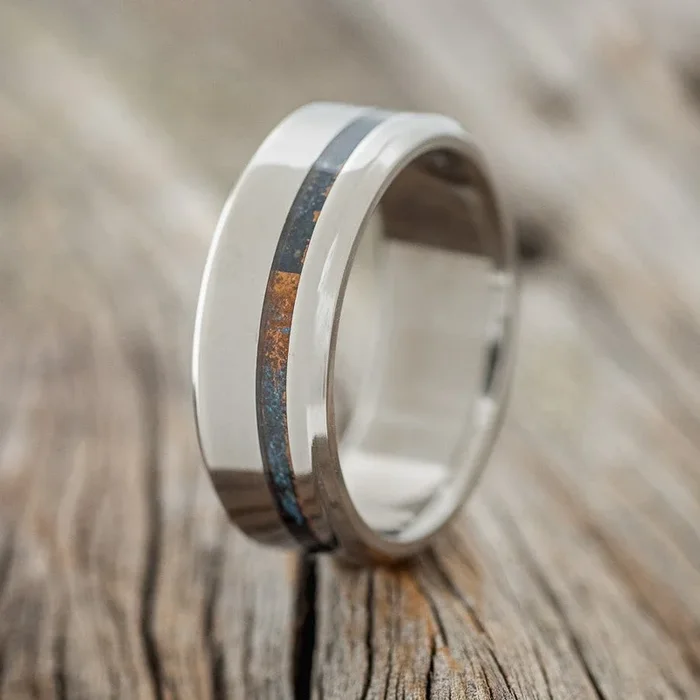 “VERTIGO” – OFFSET PATINA COPPER WEDDING BAND