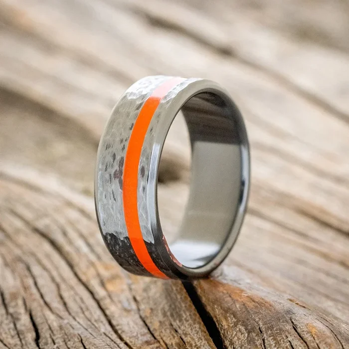 “VERTIGO” – RED GLOW IN THE DARK INLAY WEDDING BAND WITH A HAMMERED FINISH
