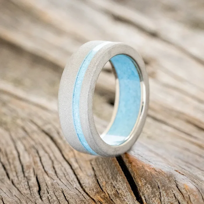 “VERTIGO” – TURQUOISE INLAY & LINING WEDDING BAND WITH A SANDBLASTED FINISH