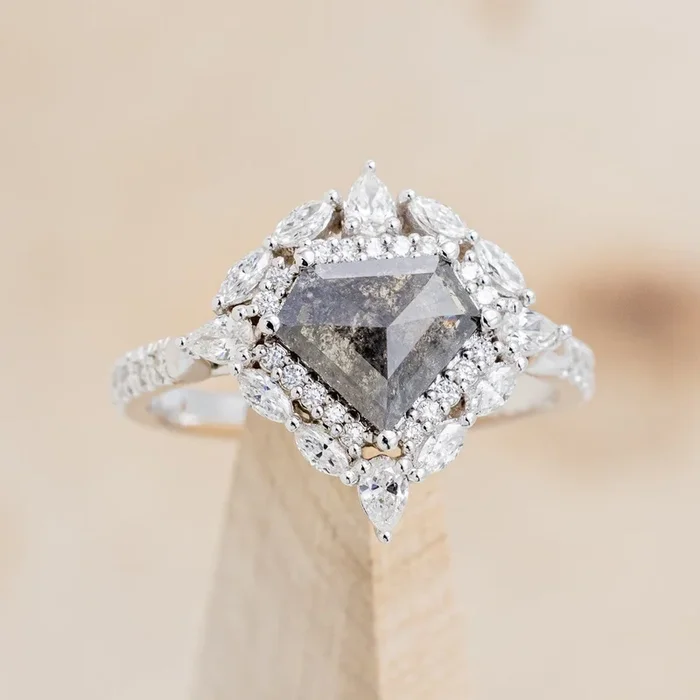 “VICTORIA” – ENGAGEMENT RING WITH DIAMOND HALO & ACCENTS – SELECT YOUR OWN STONE