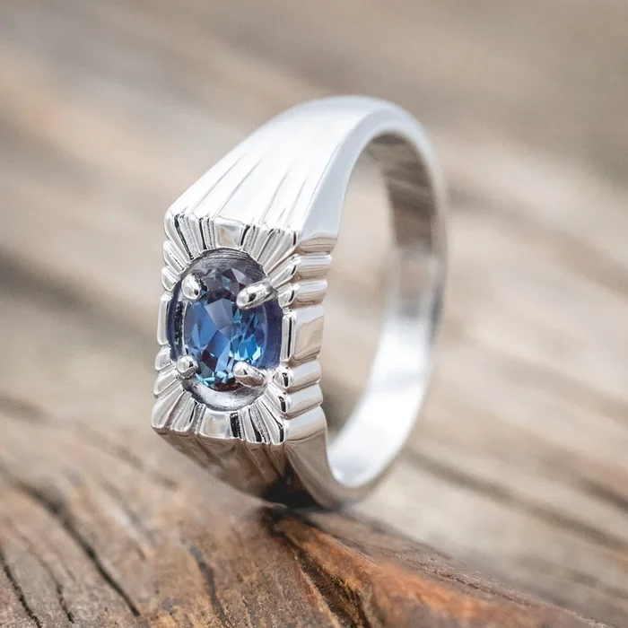 “XAVIER” – FLAT TOP MEN’S ENGAGEMENT RING WITH OVAL CUT LAB-GROWN ALEXANDRITE