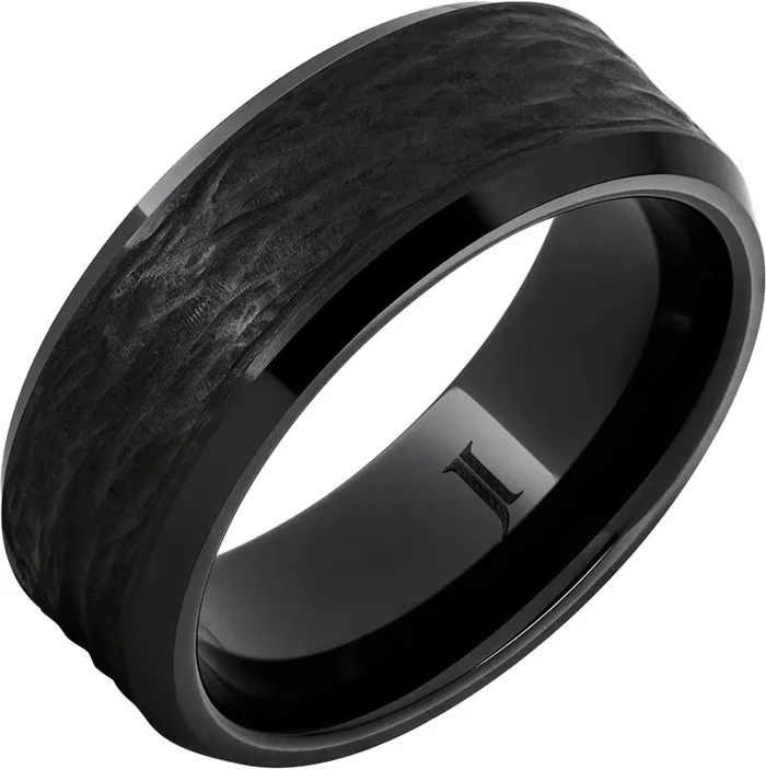 8mm Black Diamond Ceramic Ring with Bark Engraving