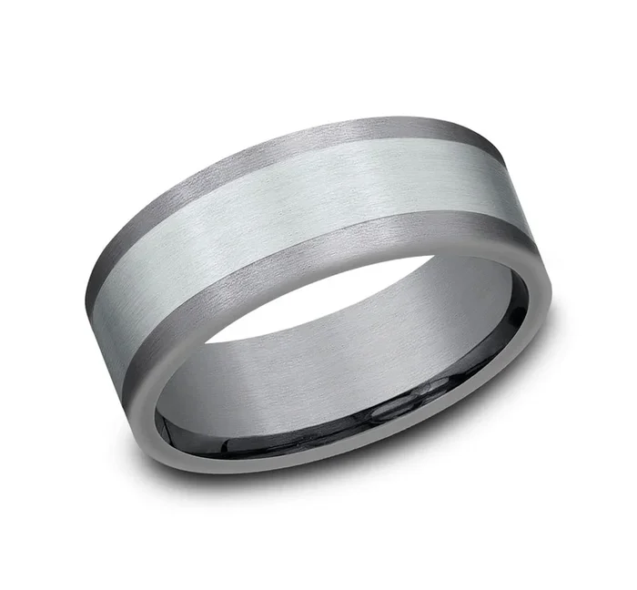 8mm Grey Tantalum and 14K White Gold Satin Finish Wedding Band