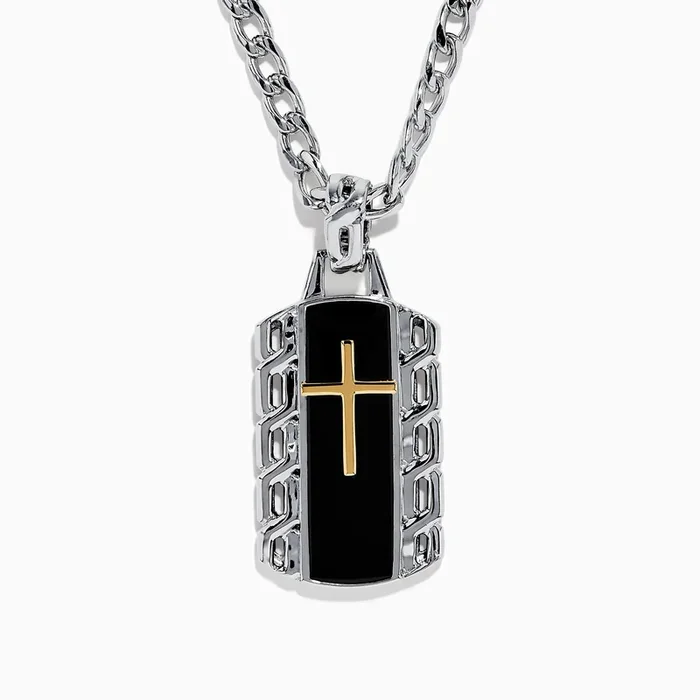 925 Mens’s Sterling Silver/18K Yellow Gold Cross Dog Tag Pendant