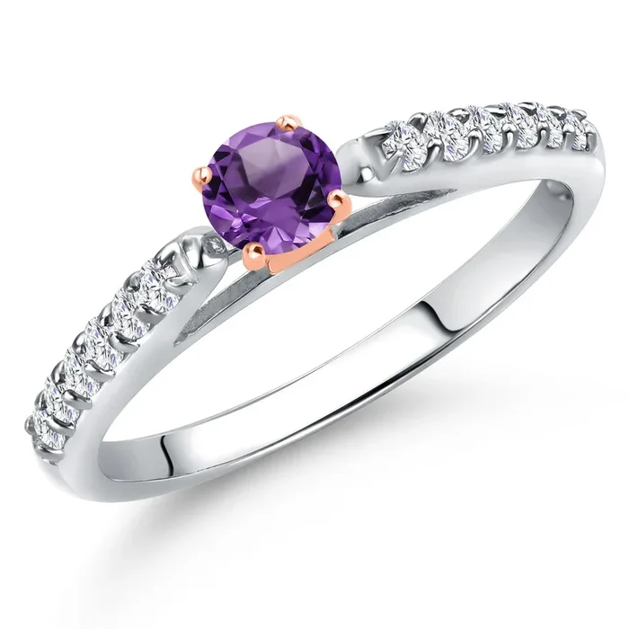 925 Silver and 10K Rose Gold Gemstone Birthstone and White Lab Grown Diamond Accent Engagement Ring For Women | Round 3.5MM and 1.5MM | Two-Tone Wedding Anniversary Promise Ring | Sizes 5, 6, 7, 8, 9
