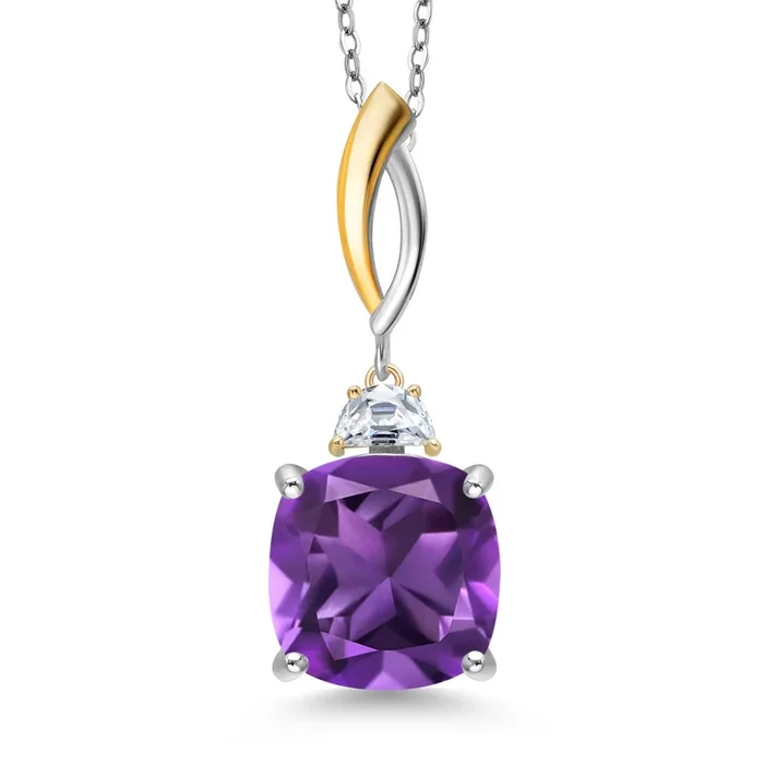 925 Silver and 10K Yellow Gold 12MM Cushion Gemstone Birthstone 2-Stone Drop Pendant Necklace for Women with Half Moon White Moissanite and 18 Inch Silver Chain