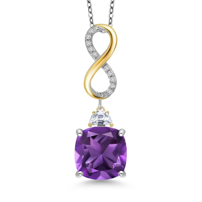925 Silver and 10K Yellow Gold 12MM Cushion Gemstone Birthstone Drop Pendant Necklace For Women with Half Moon White Moissanite and White Lab Grown Diamond