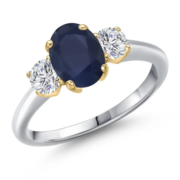 925 Silver and 10K Yellow Gold Blue Sapphire and Lab Grown Diamond 3-Stone Engagement Ring For Women | 2.34 Cttw | Oval 8X6MM | Gemstone Birthstone