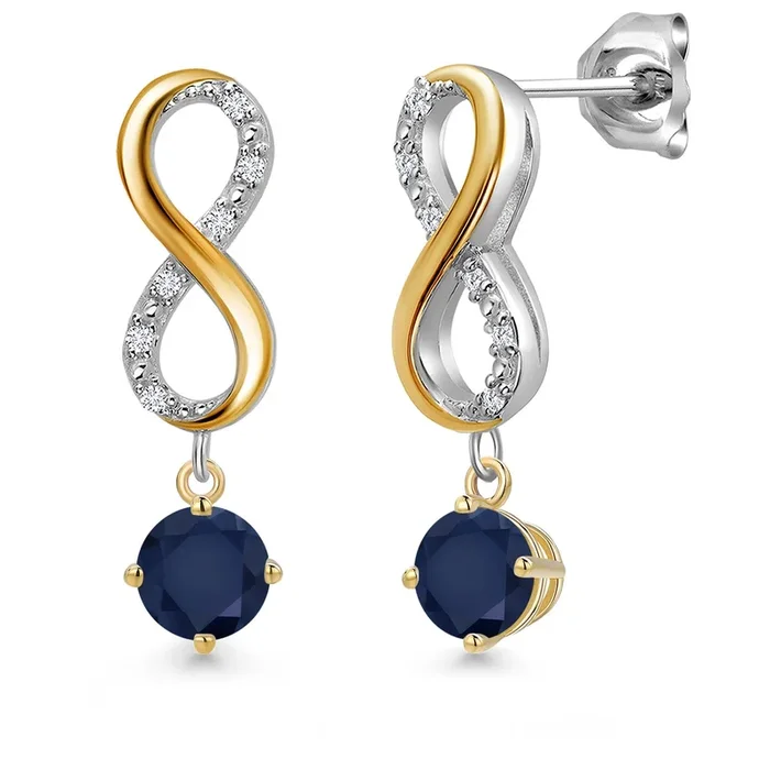 925 Silver and 10K Yellow Gold Blue Sapphire and Lab Grown Diamond Dangle Earrings for Women | 1.26 Cttw | Gemstone September Birthstone | Round 5MM
