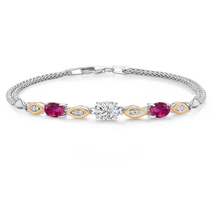 925 Silver and 10K Yellow Gold IGI Certified Lab Grown Diamond and Creaeted Ruby Bracelet For Women | 2.08 Cttw | Center Oval Cut Diamond 1 Ct | E-F Color | VS1-VS2 Clarity | Wheat Chain 6.5/7/7.5 Inches