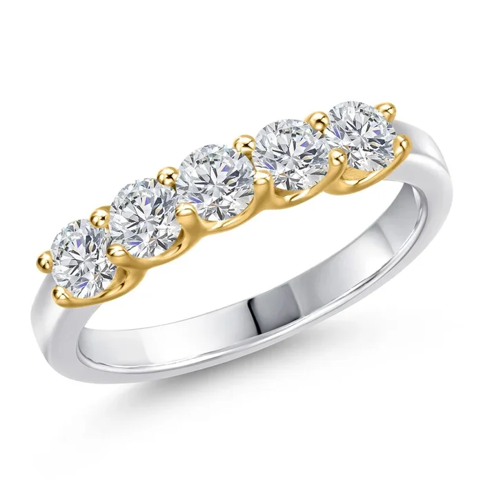 925 Silver and 10K Yellow Gold Lab Grown Diamond 5-Stone Wedding-Bands Ring For Women | 0.85 Cttw | Round 3.5MM | DEF Color | VVS-VS Clarity