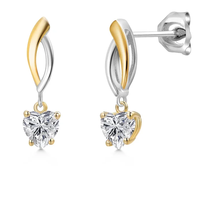 925 Silver and 10K Yellow Gold Lab Grown Diamond and Dangle Earrings for Women | 0.88 Cttw | Gemstone April Birthstone | Heart Shape 5MM