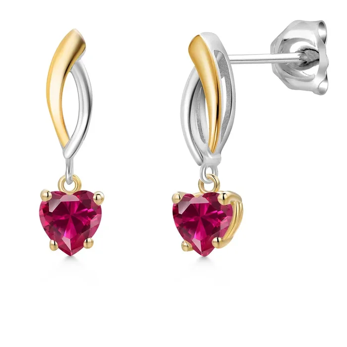 925 Silver and 10K Yellow Gold Red Created Ruby and Dangle Earrings for Women | 1.20 Cttw | Gemstone July Birthstone | Heart Shape 5MM