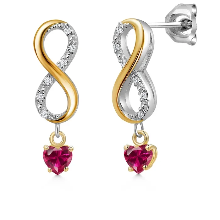 925 Silver and 10K Yellow Gold Red Created Ruby and Lab Grown Diamond Dangle Earrings for Women | 0.66 Cttw | Gemstone July Birthstone | Heart Shape 4MM
