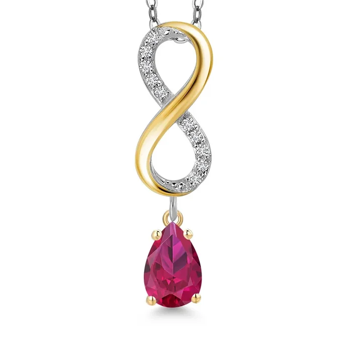 925 Silver and 10K Yellow Gold Red Created Ruby and Lab Grown Diamond Pendant Necklace for Women | 2.18 Cttw | Gemstone July Birthstone | Pear Shape 8X5MM | With 18 Inch Chain