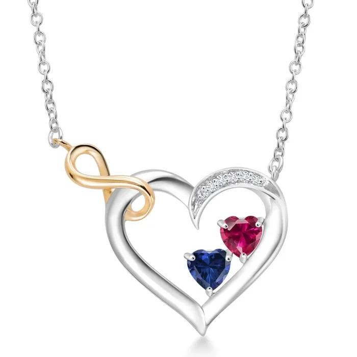 925 Silver and 10K Yellow Gold Red Created Ruby Blue Created Sapphire and White Lab Grown Diamond Infinity Heart Pendant Necklace For Women (0.83 Cttw, Heart Shape 4MM, with 18 Inch Chain)