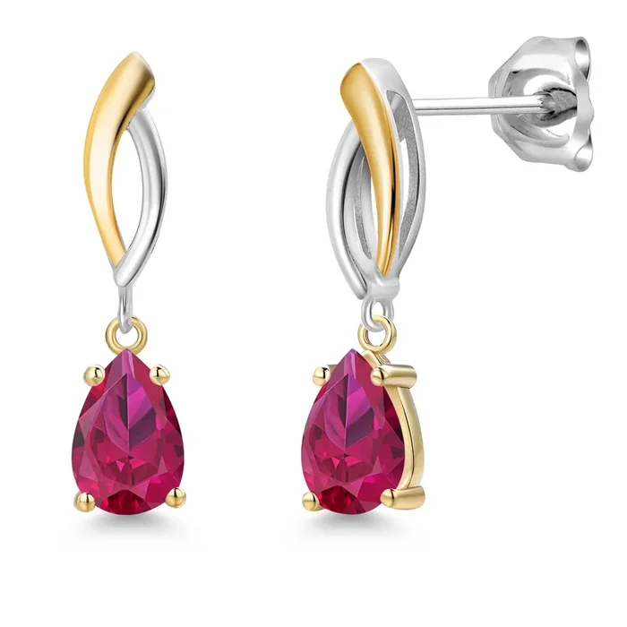 925 Silver and 10K Yellow Gold Red Created Ruby Dangle Earrings for Women | 2.00 Cttw | Gemstone July Birthstone | Pear Shape 7X5MM