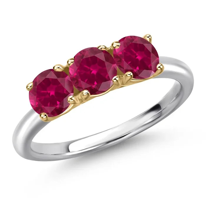 925 Silver and 10K Yellow Gold Red Created Ruby Engagement Ring For Women | 1.80 Cttw | Round 5MM | Gemstone July Birthstone