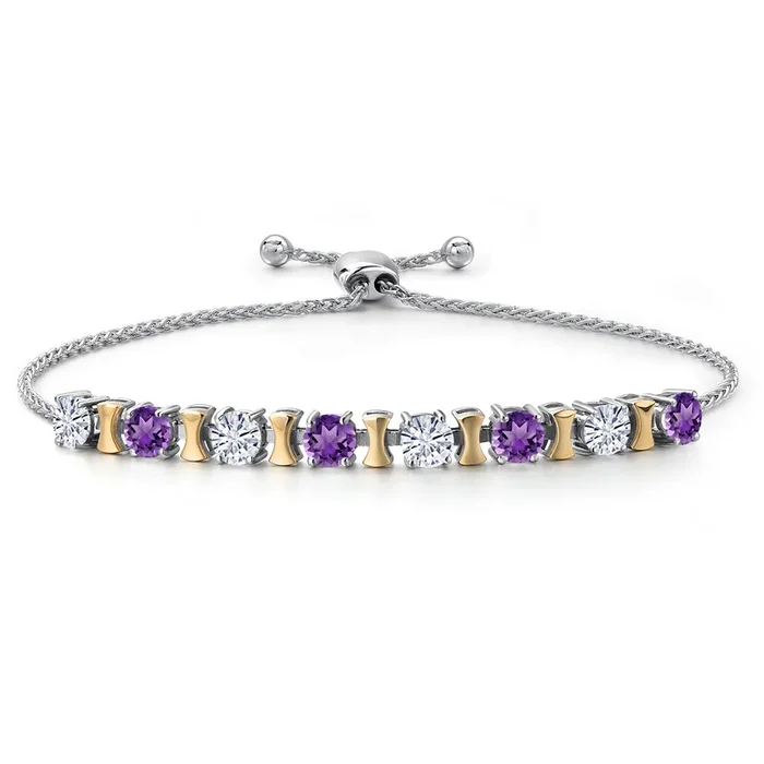 925 Silver and 10K Yellow Gold White Moissanite and Purple Amethyst Bracelet For Women | 1.92 Cttw | Gemstone Birthstone | Round 4MM | Adjustable up to 9 Inch