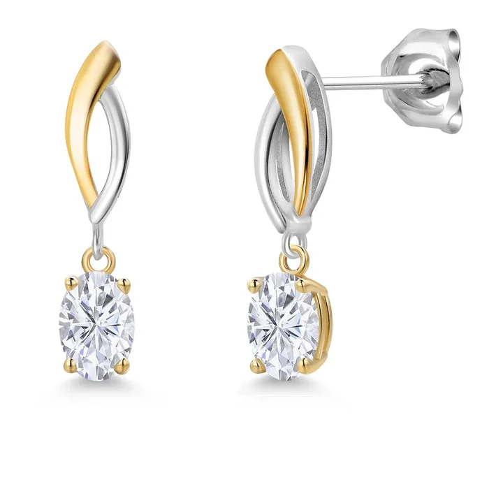 925 Silver and 10K Yellow Gold White Moissanite Dangle Earrings for Women | 1.00 Cttw | Gemstone Birthstone | Oval 6X4MM