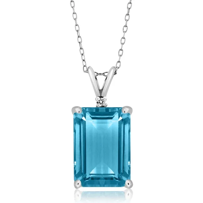 925 Silver Swiss Blue Topaz and White Topaz Pendant Necklace For Women (9.72 Cttw, Gemstone November Birthstone, Emerald Cut 14X10MM, with 18 Inch Silver Chain)