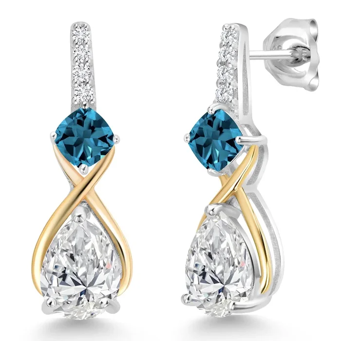 925 Sterling Silver & 10K Yellow Gold IGI Certified Lab Grown Diamond & London Blue Topaz Dangle Earrings For Women | 2.43 Cttw | Pear Shaped Diamonds Each 1 Ct | E-F Color | VS1-VS2 Clarity