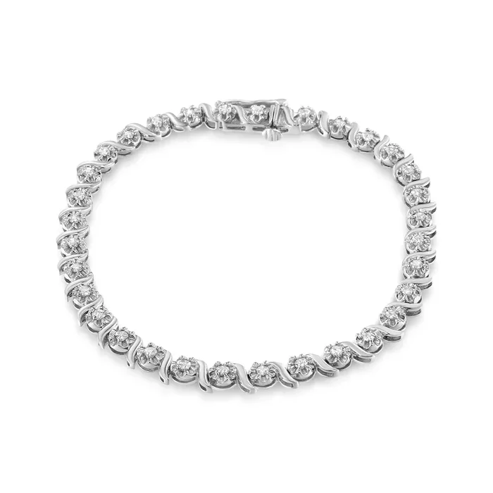 .925 Sterling Silver 1.0 Cttw Diamond Spiral Wave Curved-Link 7″ Tennis Bracelet (I-J Color, I3 Clarity)