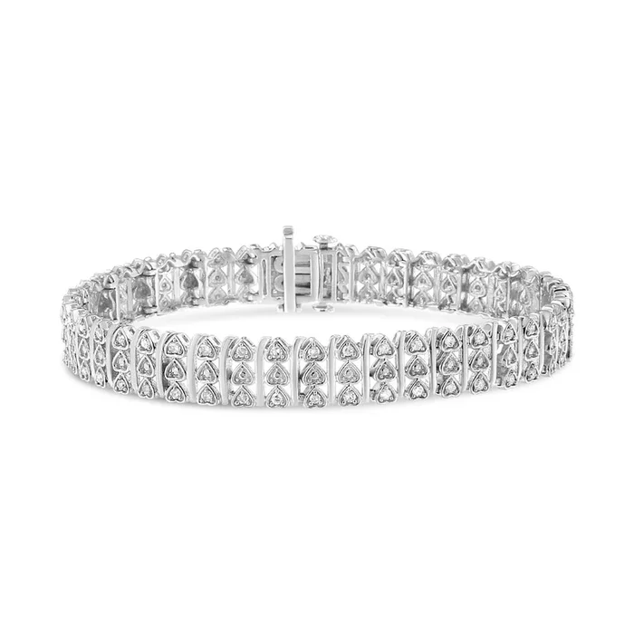 .925 Sterling Silver 1.00 Cttw Diamond Multi Row Heart Link Bracelet (H-I Color, I1-I2 Clarity) – 7.25″ Inches